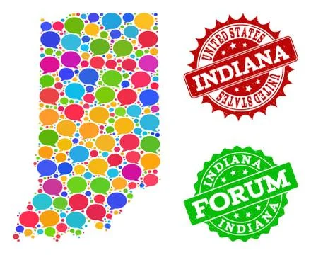 Social Network Map of Indiana State with Talk Bubbles and Scratched Watermarks Stock Illustration