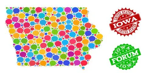 Social Network Map of Iowa State with Message Clouds and Scratched Stamps Stock Illustration