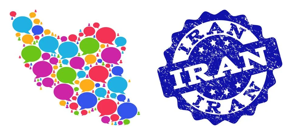 Social Network Map of Iran with Message Bubbles and Distress Stamp Stock Illustration