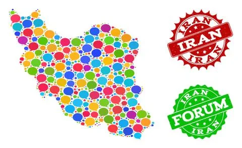 Social Network Map of Iran with Speech Clouds and Textured Stamps 스톡 일러스트