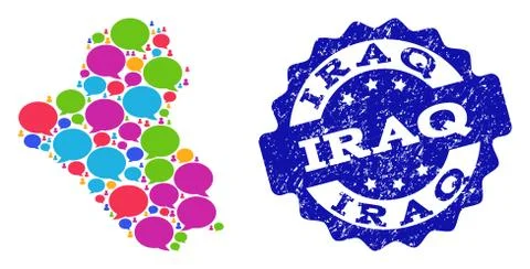Social Network Map of Iraq with Chat Bubbles and Grunge Stamp 스톡 일러스트