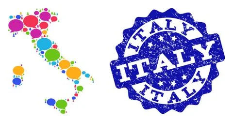 Social Network Map of Italy with Message Bubbles and Textured Stamp 스톡 일러스트