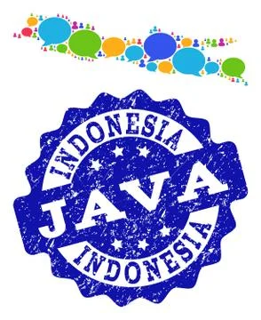 Social Network Map of Java Island with Message Bubbles and Textured Seal Stockillustratie