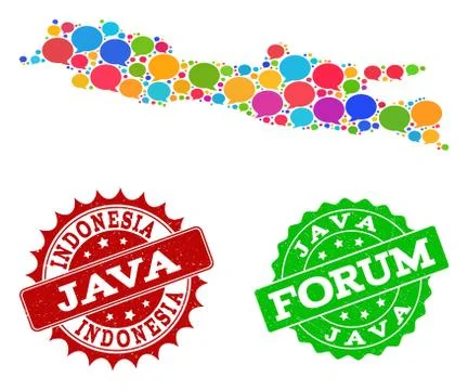 Social Network Map of Java Island with Speech Bubbles and Grunge Stamps Ilustración de archivo