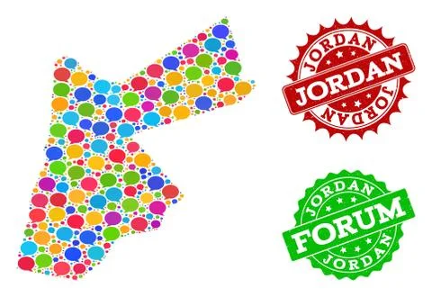 Social Network Map of Jordan with Speech Bubbles and Textured Stamps Stock Illustration