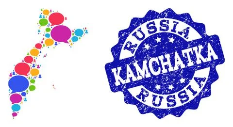Social Network Map of Kamchatka Peninsula with Talk Bubbles and Scratched Stamp Stock Illustration