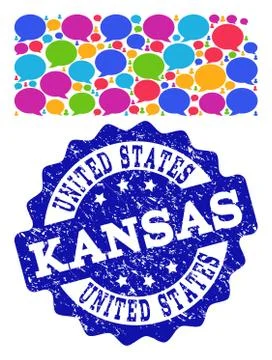 Social Network Map of Kansas State with Message Clouds and Textured Seal Stock Illustration