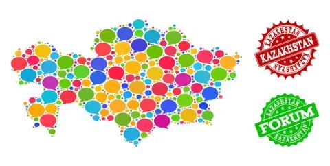 Social Network Map of Kazakhstan with Chat Bubbles and Grunge Stamps 스톡 일러스트