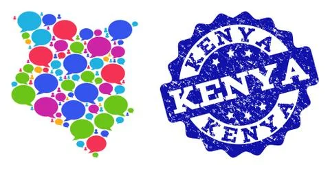 Social Network Map of Kenya with Talk Bubbles and Distress Stamp Stock Illustration