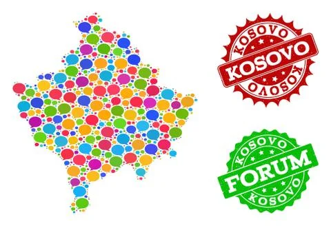 Social Network Map of Kosovo with Message Clouds and Grunge Seals Stock Illustration