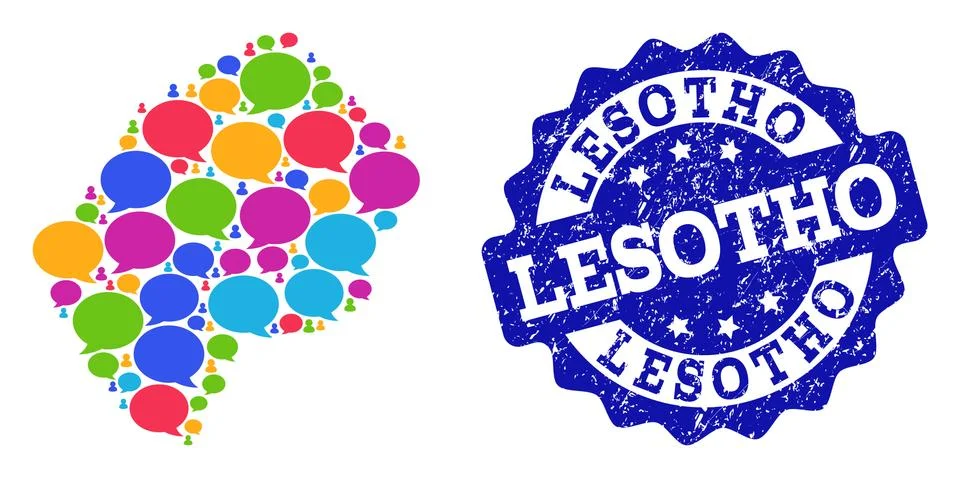 Social Network Map of Lesotho with Message Bubbles and Scratched Stamp 스톡 일러스트