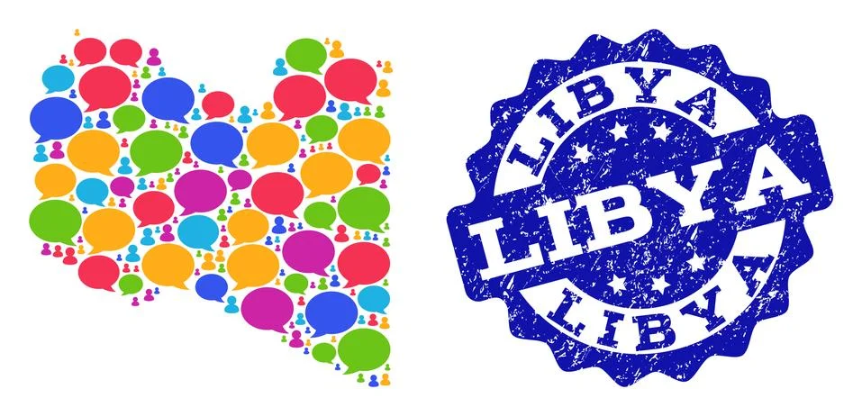 Social Network Map of Libya with Chat Bubbles and Scratched Stamp Stockillustratie