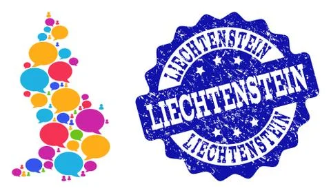 Social Network Map of Liechtenstein with Speech Bubbles and Scratched Stamp Stock Illustration