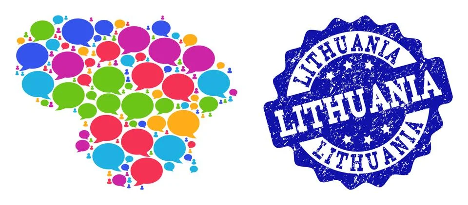 Social Network Map of Lithuania with Chat Bubbles and Scratched Stamp イラスト素材