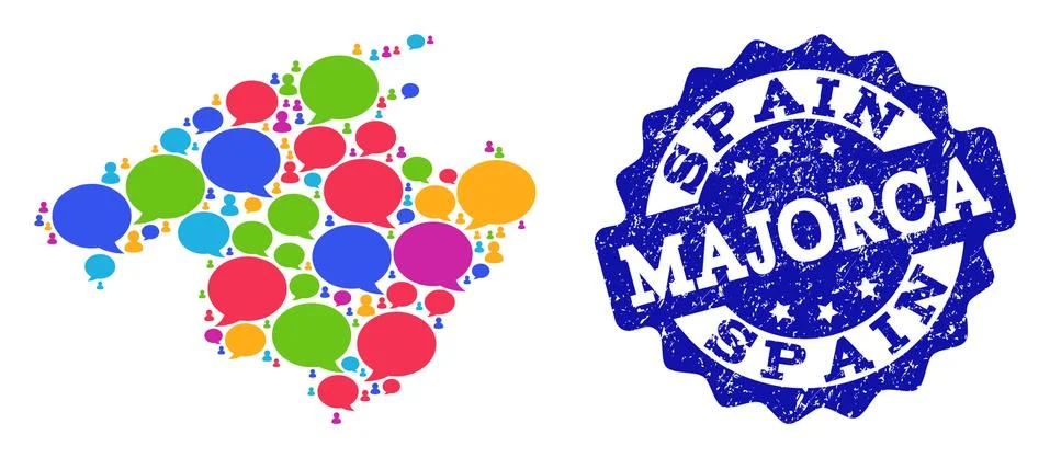 Social Network Map of Majorca with Speech Bubbles and Textured Stamp Stock Illustration