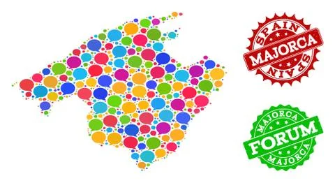 Social Network Map of Majorca with Speech Bubbles and Grunge Seals Stock Illustration