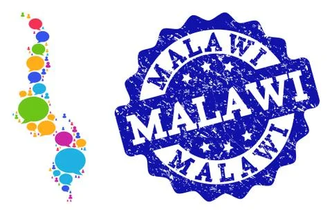 Social Network Map of Malawi with Message Bubbles and Textured Seal Stock Illustration