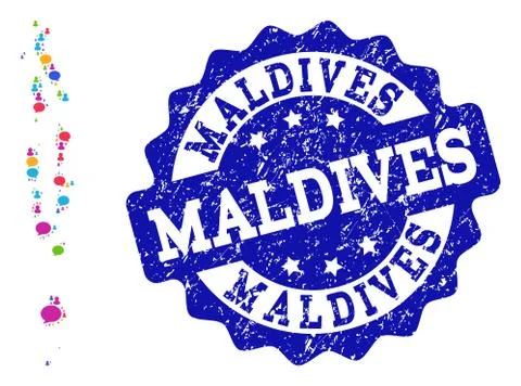 Social Network Map of Maldives with Message Clouds and Grunge Seal Stock Illustration