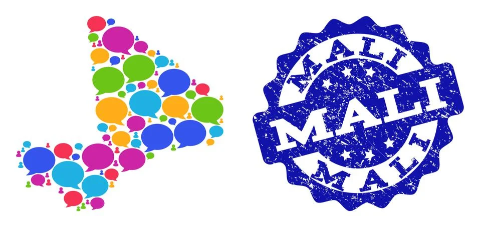Social Network Map of Mali with Talk Clouds and Distress Stamp 스톡 일러스트