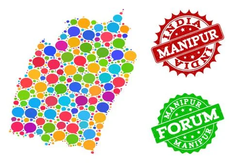 Social Network Map of Manipur State with Message Bubbles and Scratched Stamps 스톡 일러스트