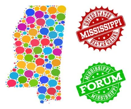 Social Network Map of Mississippi State with Chat Bubbles and Scratched Stamps 스톡 일러스트