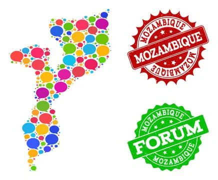 Social Network Map of Mozambique with Message Clouds and Scratched Watermarks Stock Illustration