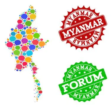 Social Network Map of Myanmar with Talk Bubbles and Distress Watermarks Illustrazione stock