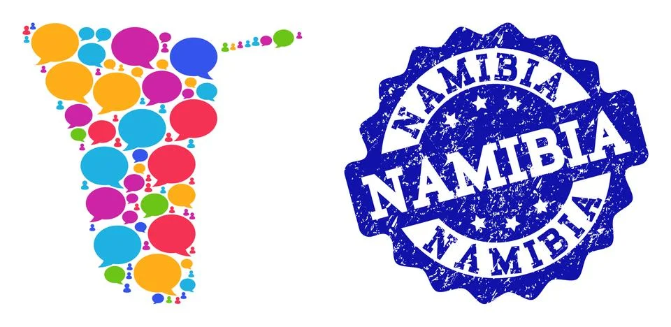 Social Network Map of Namibia with Talk Clouds and Scratched Stamp 스톡 일러스트