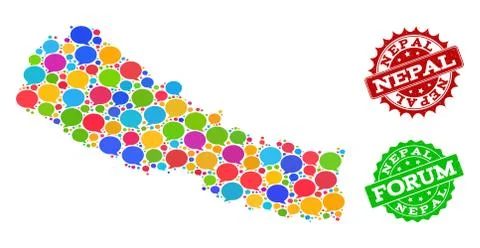Social Network Map of Nepal with Speech Bubbles and Textured Stamps 스톡 일러스트