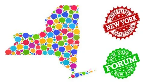 Social Network Map of New York State with Speech Bubbles and Grunge Seals Stock Illustration
