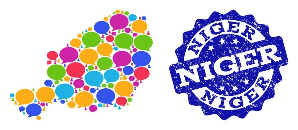 Social Network Map of Niger with Speech Bubbles and Textured Stamp Stock Illustration