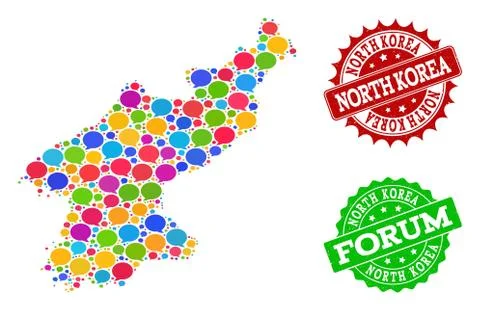 Social Network Map of North Korea with Chat Bubbles and Grunge Seals Stock Illustration
