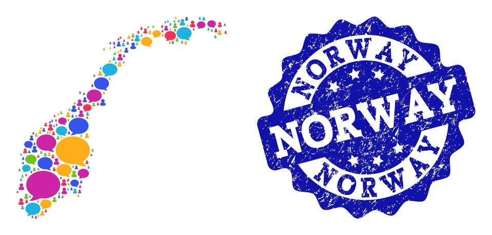 Social Network Map of Norway with Message Clouds and Distress Seal Stock Illustration