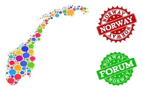 Social Network Map of Norway with Talk Bubbles and Grunge Watermarks Stock Illustration