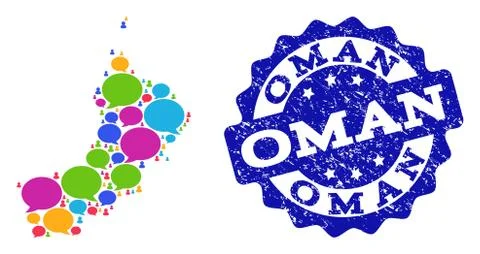 Social Network Map of Oman with Message Clouds and Textured Seal Stock Illustration