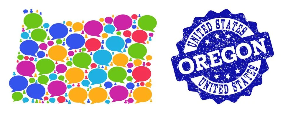 Social Network Map of Oregon State with Talk Bubbles and Scratched Stamp Stock Illustration