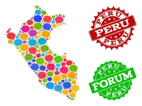 Social Network Map of Peru with Chat Bubbles and Textured Seals Stock Illustration