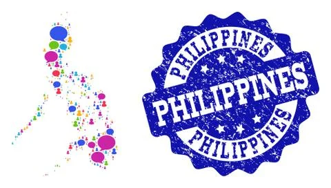 Social Network Map of Philippines with Chat Bubbles and Scratched Seal Stock Illustration