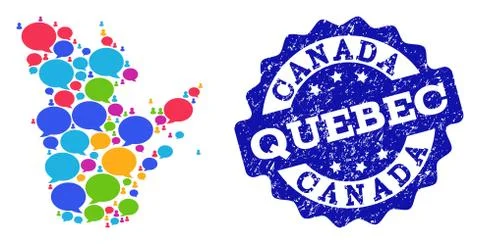 Social Network Map of Quebec Province with Message Bubbles and Textured Seal Stock Illustration