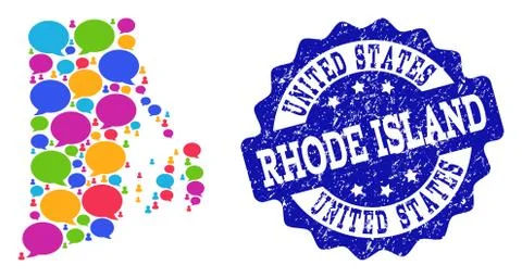 Social Network Map of Rhode Island State with Speech Bubbles and Textured Stamp 스톡 일러스트