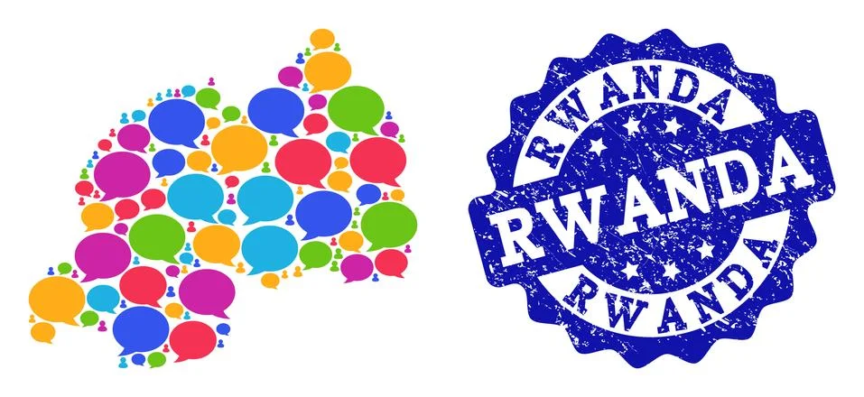 Social Network Map of Rwanda with Message Bubbles and Scratched Seal Stock Illustration