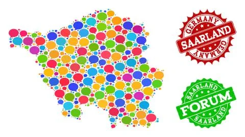 Social Network Map of Saarland State with Message Clouds and Grunge Seals Stock Illustration