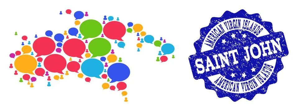 Social Network Map of Saint John Island with Talk Bubbles and Scratched Stamp Stock Illustration