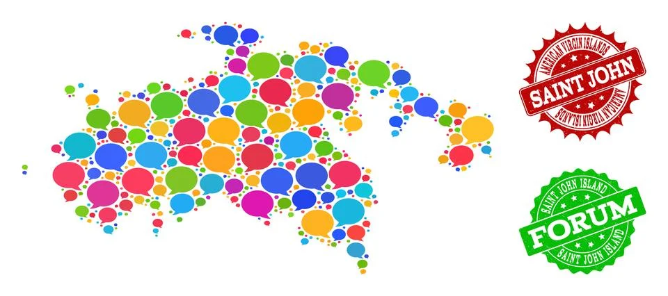 Social Network Map of Saint John Island with Chat Bubbles and Grunge Seals Stock Illustration