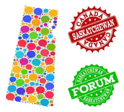 Social Network Map of Saskatchewan Province with Talk Bubbles and Distress Seals Stockillustratie