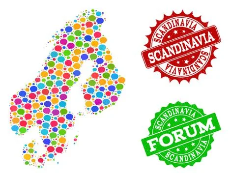 Social Network Map of Scandinavia with Message Clouds and Scratched Stamps Stock Illustration