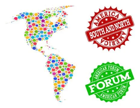 Social Network Map of South and North America with Talk Bubbles and Grunge Illustrazione stock