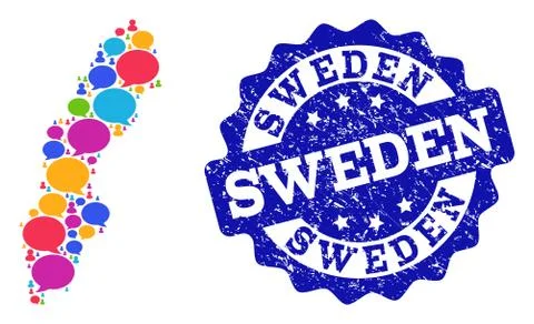 Social Network Map of Sweden with Message Clouds and Distress Seal Stock Illustration