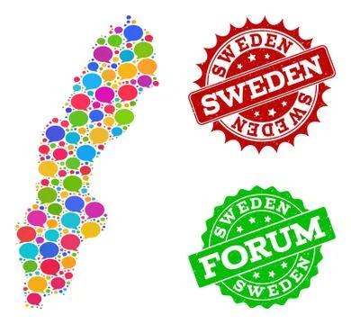Social Network Map of Sweden with Speech Bubbles and Distress Seals Stock Illustration