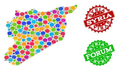 Social Network Map of Syria with Speech Bubbles and Textured Seals Stock Illustration